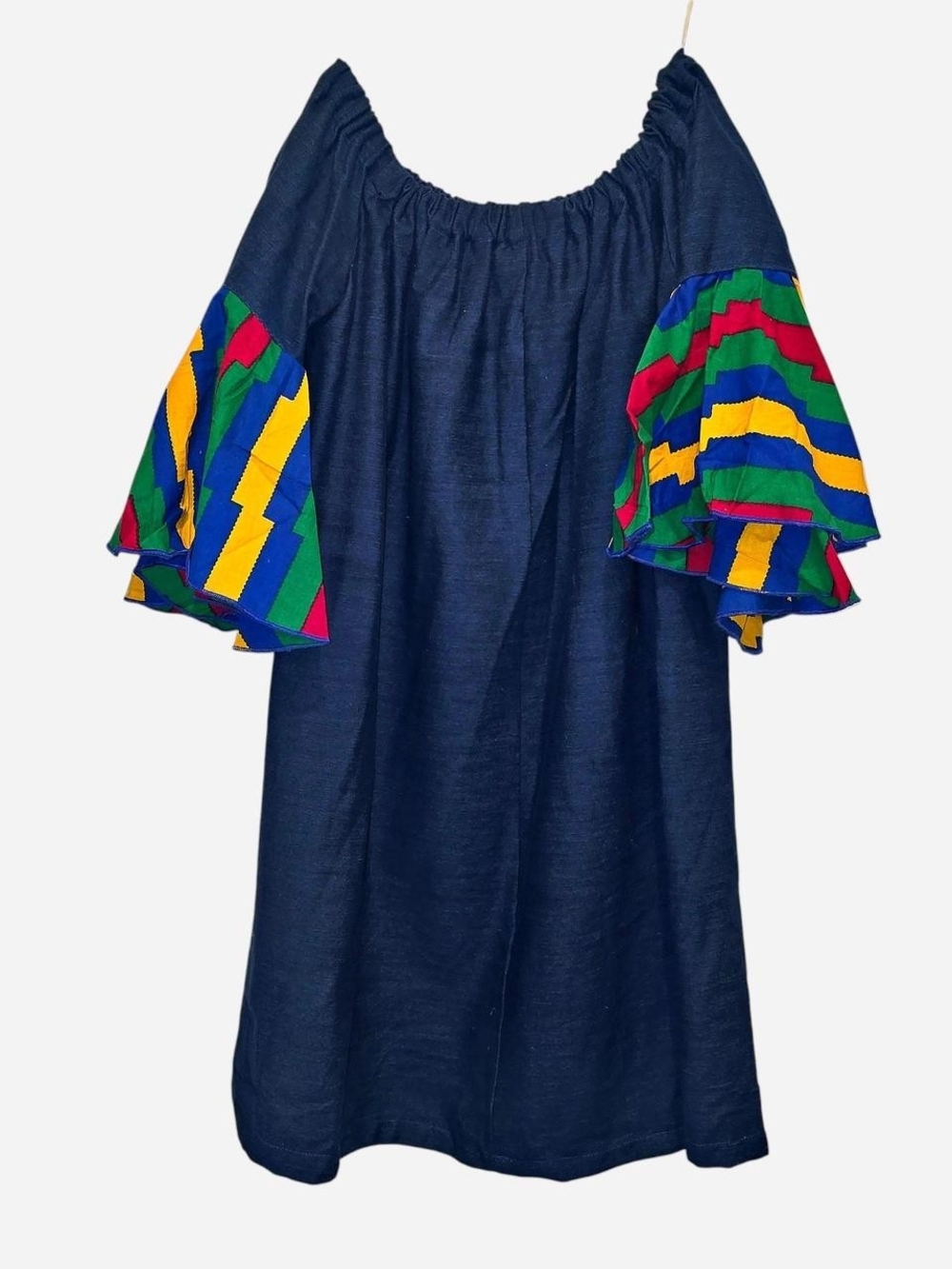 Boho Off-Shoulder Dark Denim Dress with Multicolor Ruffle Sleeves